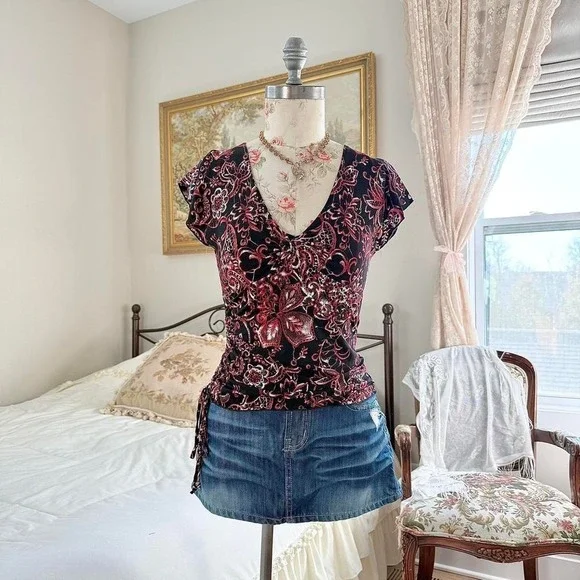 black floral fairy top  y2k poetry black floral tie top size large - Picture 2 of 4